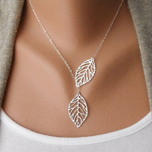Simple SUSENSTONE Metal Double Leaf Pendant Alloy Choker Necklace