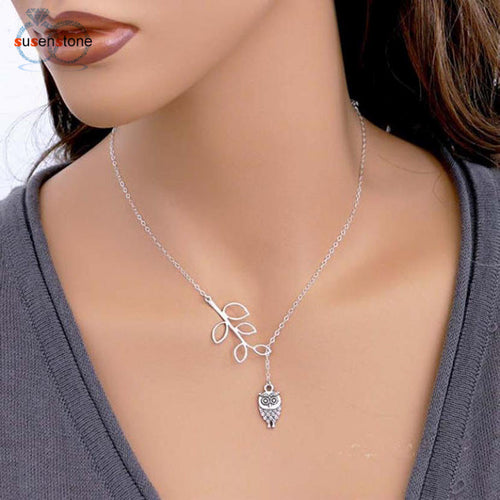 Susenstone Simple Little Owl Leaves Tassels Chain Alloy Necklace