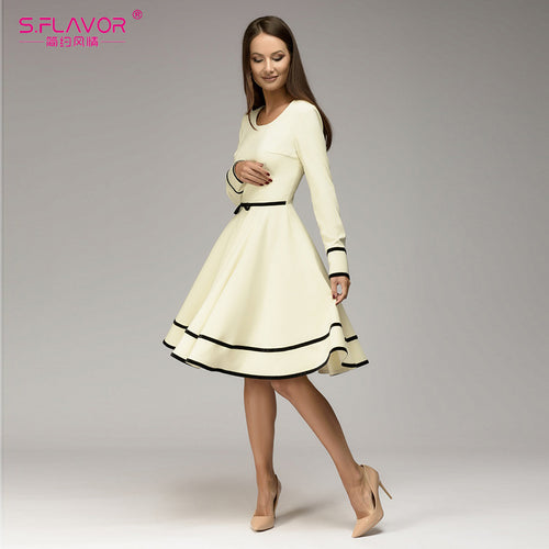 Elegant women casual dress 2018 O-neck long sleeve knee-length